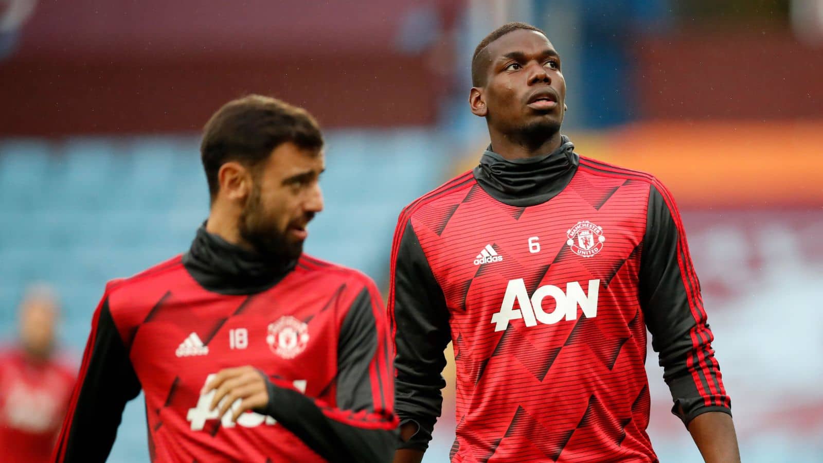 Bruno Fernandes, Paul Pogba, Man Utd Bruno Fernandes, Paul Pogba, Man Utd, warm up before Premier League game against Aston Villa