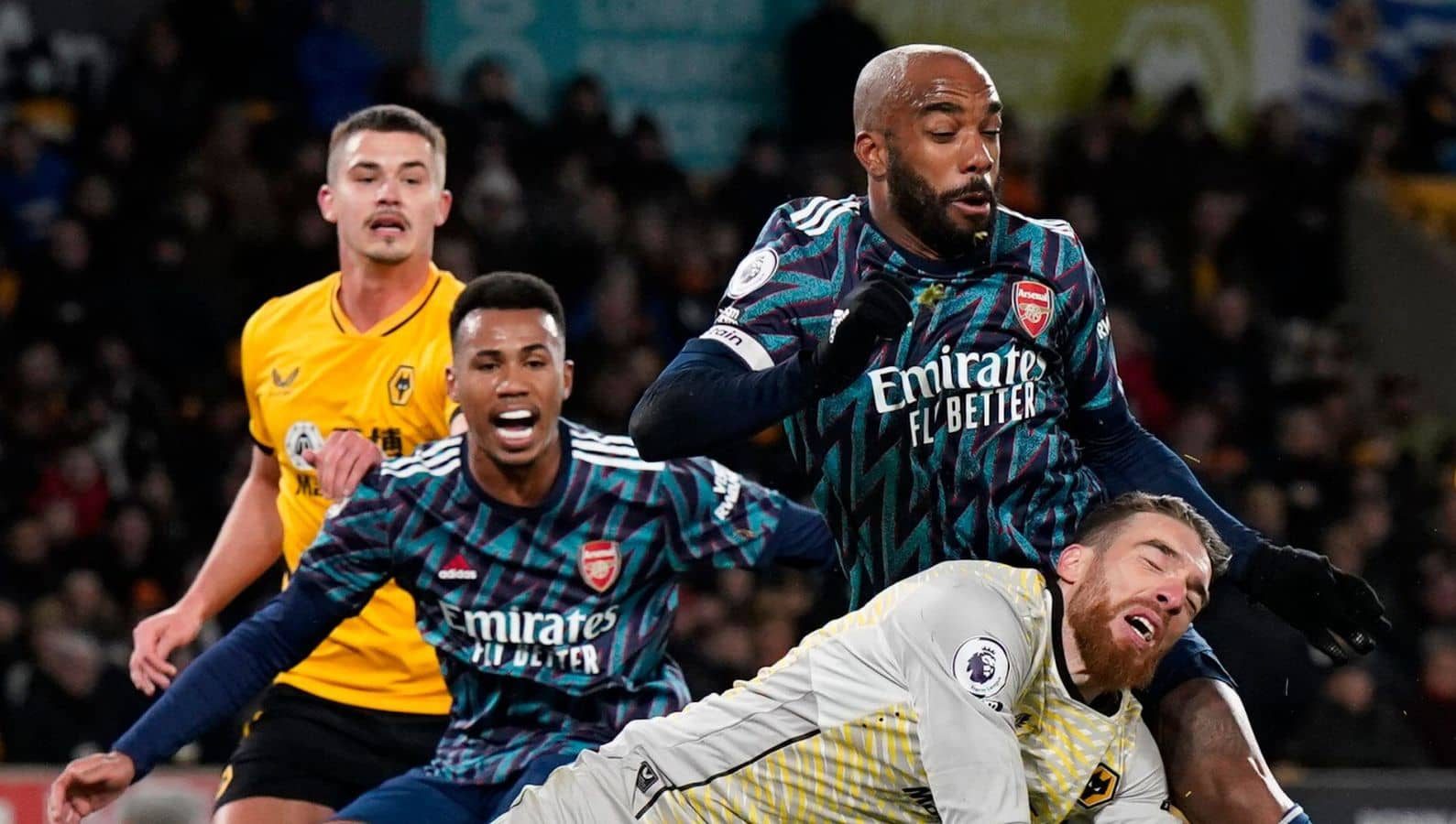 Jose Sa, Gabriel Magalhaes, Alexandre Lacazette Wolves v Arsenal Jose Sa, Gabriel Magalhaes, Alexandre Lacazette Wolves v Arsenal during Premier League game at Molineux