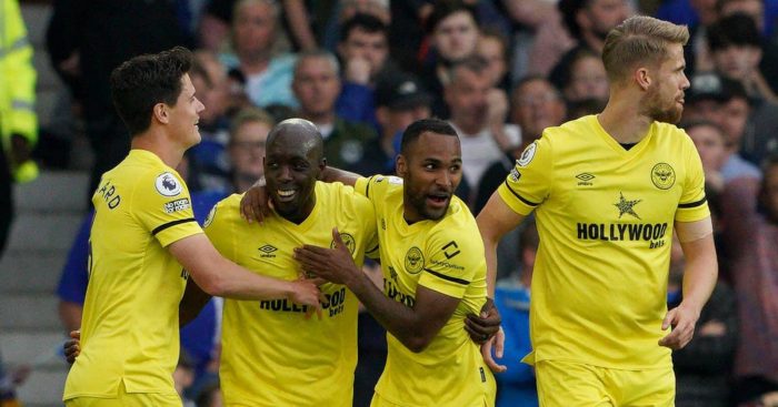 Yoane Wissa celebrating with Brentford teammates after scoring against Everton