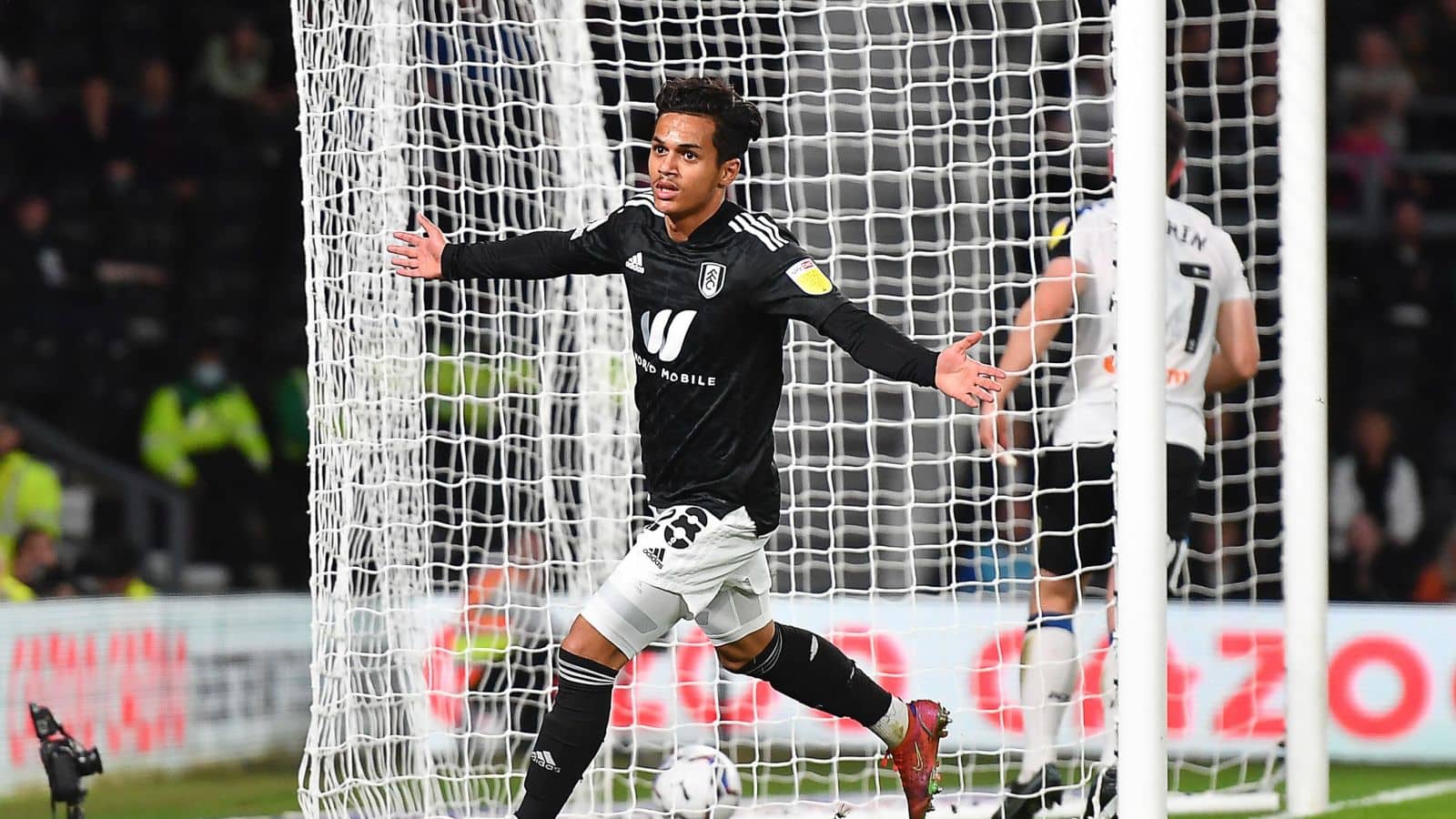 Fabio Carvalho celebrates after scoring for Fulham against Derby, April 2022 Fabio Carvalho, Derby v Fulham April 2022
