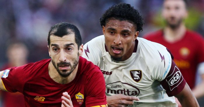 Henrikh Mkhitaryan of Roma (L) and Dos Santos Lourenco Da Silva Ederson of Salernitana (R) in action during the Italian championship Serie A football match between AS Roma and US Salernitana on April 10, 2022