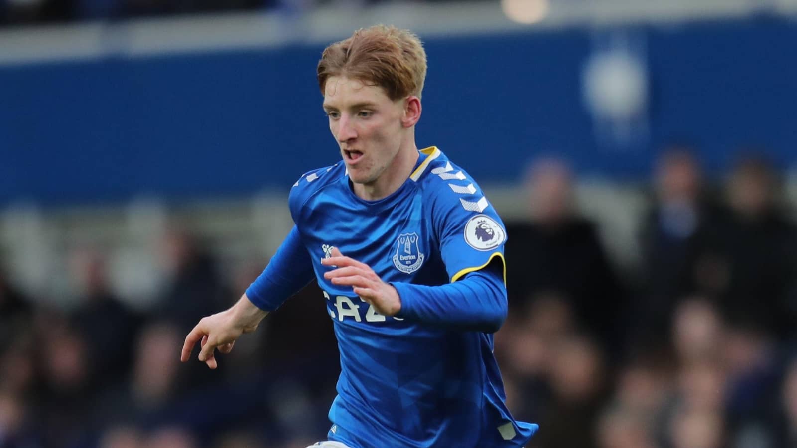 Everton winger Anthony Gordon in action during Premier League match at Goodison Park Everton winger Anthony Gordon