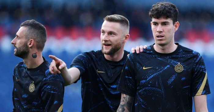Milan Skriniar (c), Marcelo Brozovic (l) and Alessandro Bastoni (R) joke each other before the Italian championship Serie A football match between SS Lazio and FC Internazionale