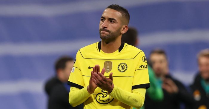 Hakim Ziyech of Chelsea FC applauds the fans following the final whistle of the UEFA Champions League match at the Bernabeu