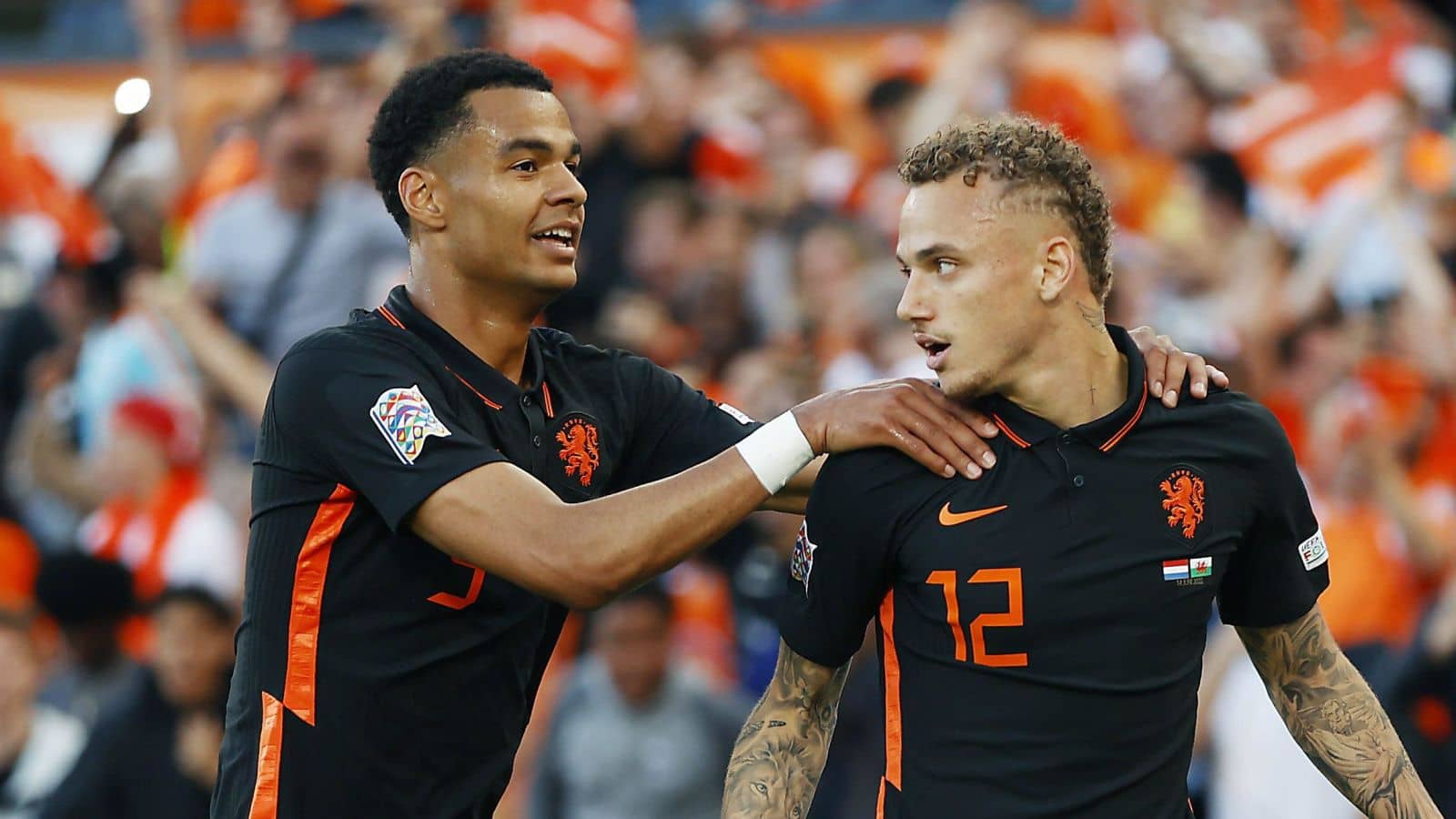 Cody Gakpo, Noa Lang celebrates at Stadium De Kuip , UEFA Nations League Football, Netherlands v Wales