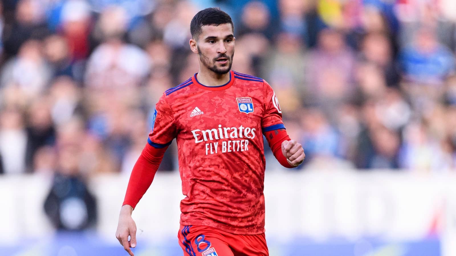 Houssem Aouar dribbles with the ball for Lyon in Ligue 1 match against Strasbourg Houssem Aouar of Lyon