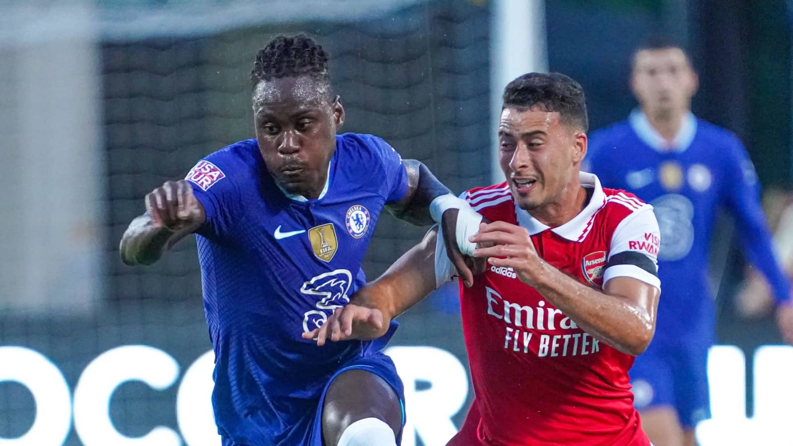 Chelsea centre-back Trevoh Chalobah battling Arsenal forward Gabriel Martinelli