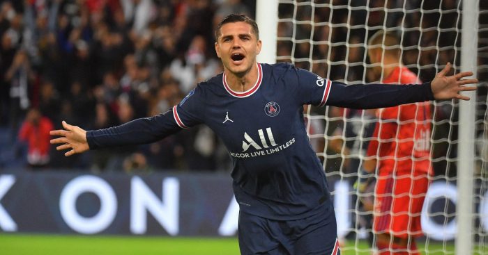 Mauro Icardi celebrates after scoring for PSG.