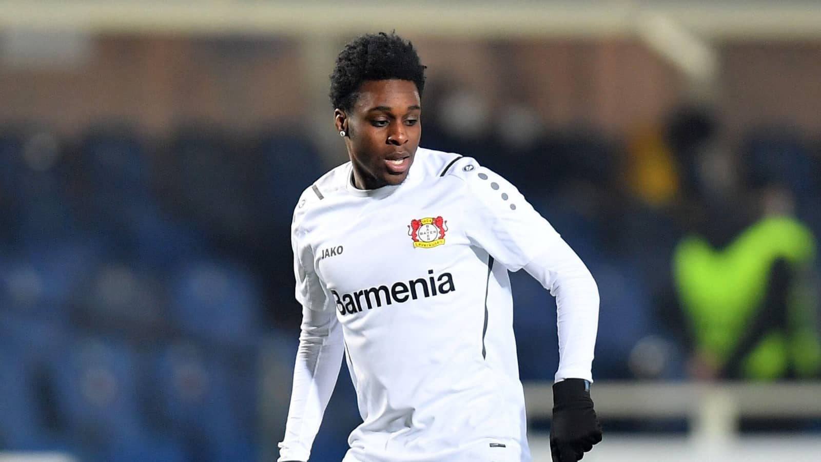 Bayer Leverkusen full-back Jeremie Frimpong warms up before Europa League game Bayer Leverkusen full-back Jeremie Frimpong