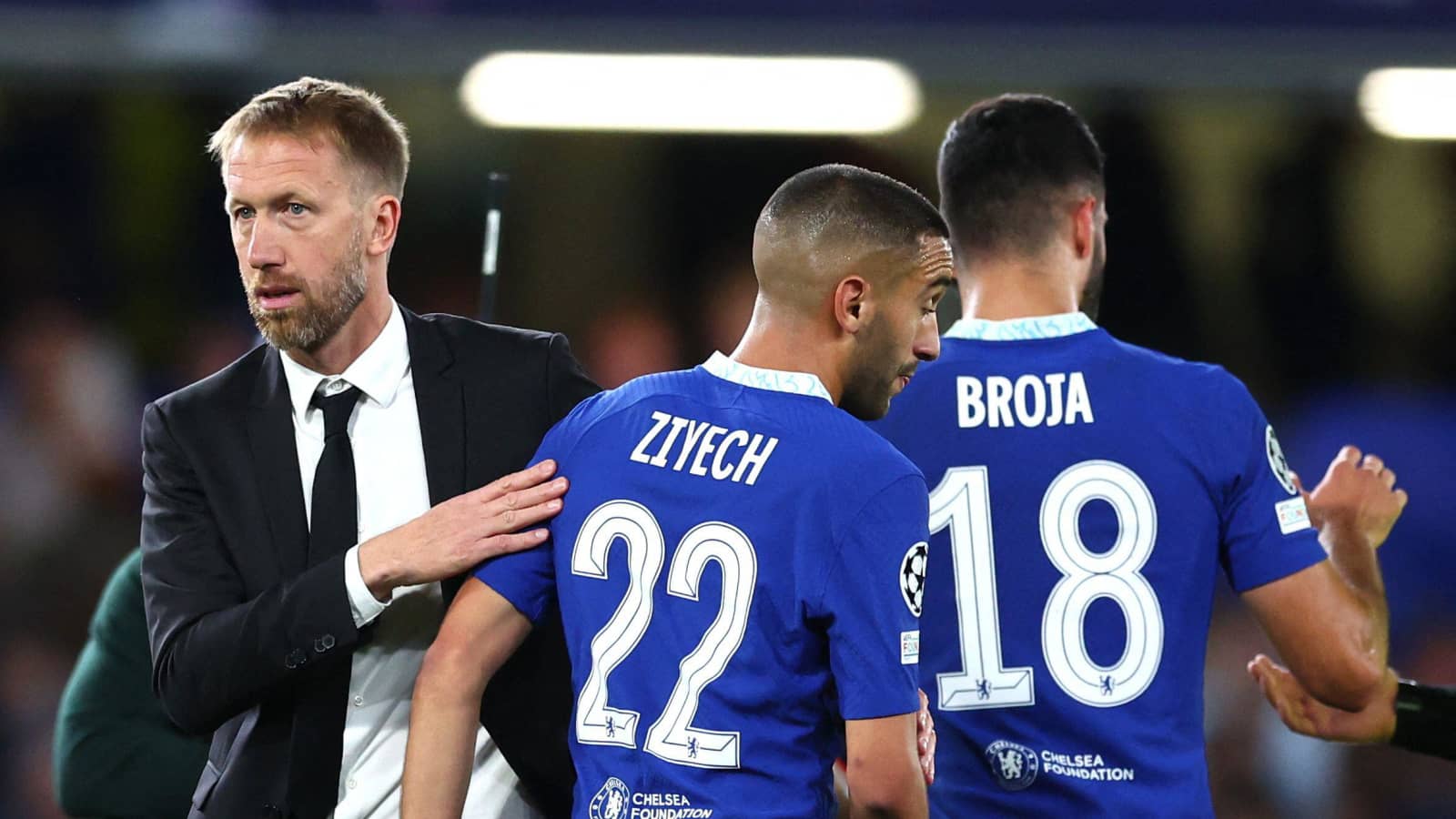 Chelsea manager Graham Potter and forwards Hakim Ziyech and Armando Broja Chelsea manager Graham Potter and forwards Hakim Ziyech and Armando Broja