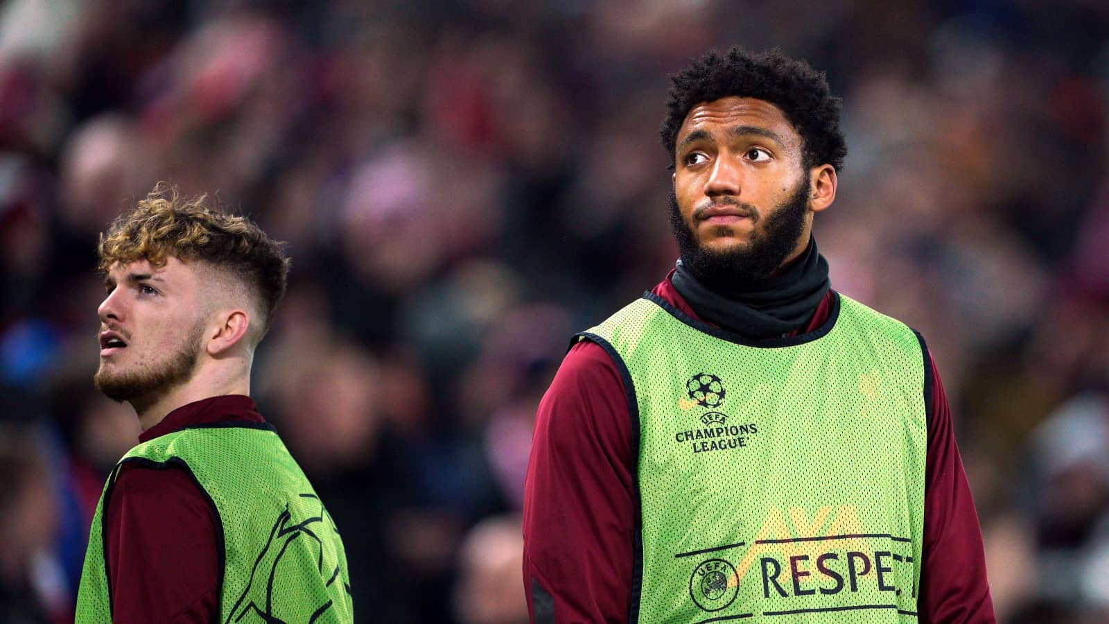 Harvey Elliott and Joe Gomez warm up as Liverpool play Champions League game Harvey Elliott and Joe Gomez of Liverpool