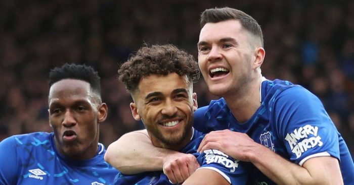 Dominic Calvert-Lewin celebrates scoring their third goal with Michael Keane and Yerry Mina - Premier League - Everton v Crystal Palace - Goodison Park, Liverpool