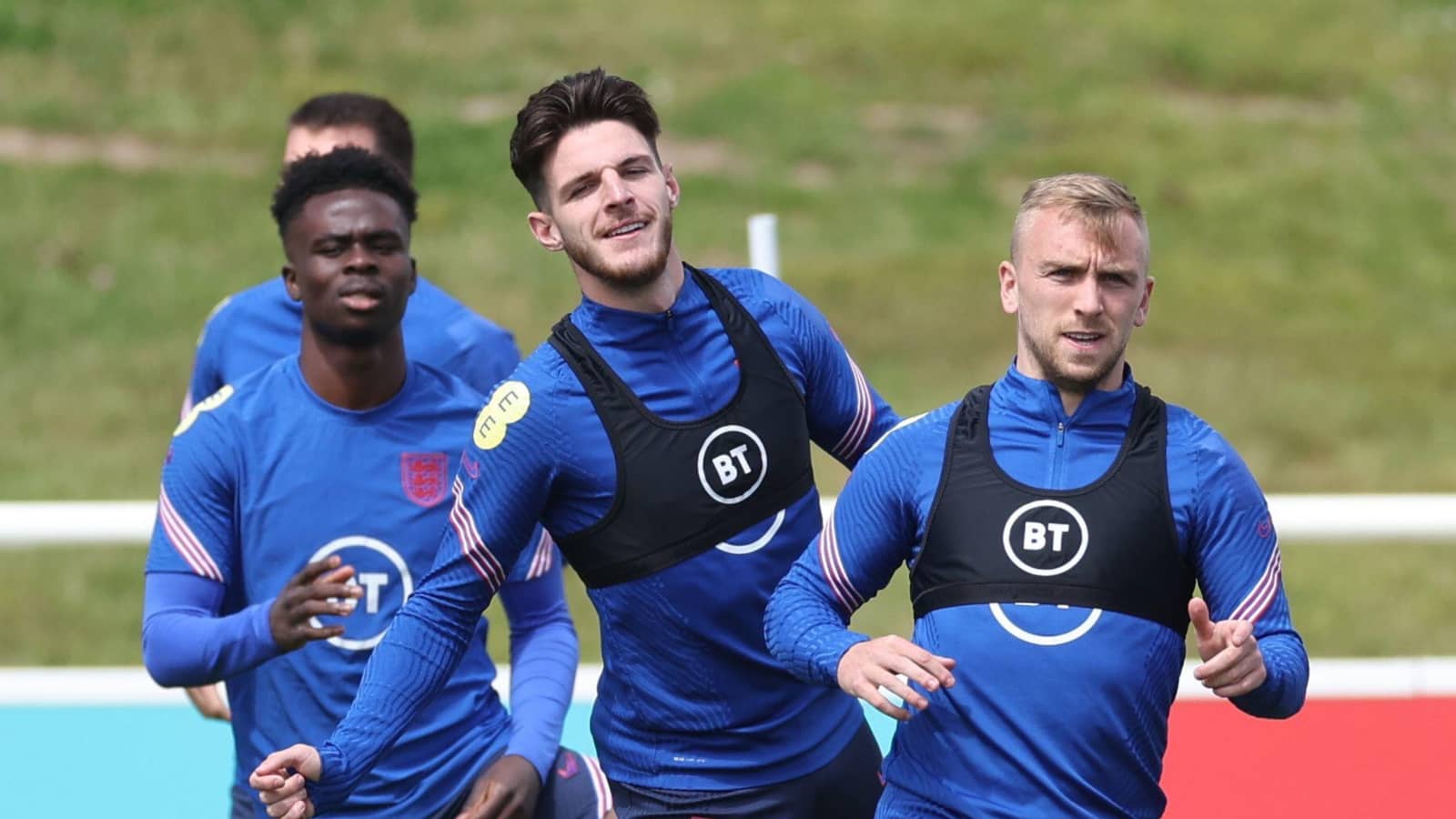 Jarrod Bowen, Declan Rice and Bukayo Saka in England training Jarrod Bowen, Declan Rice and Bukayo Saka
