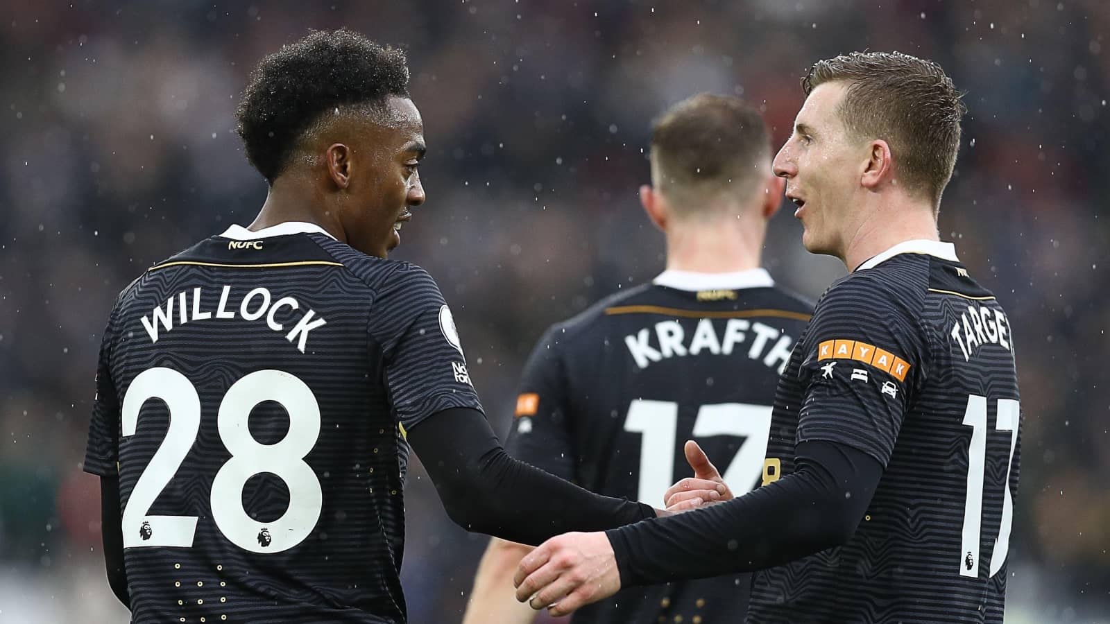 Joe Willock and Matt Targett celebrate Newcastle goal against West Ham Joe Willock and Matt Targett