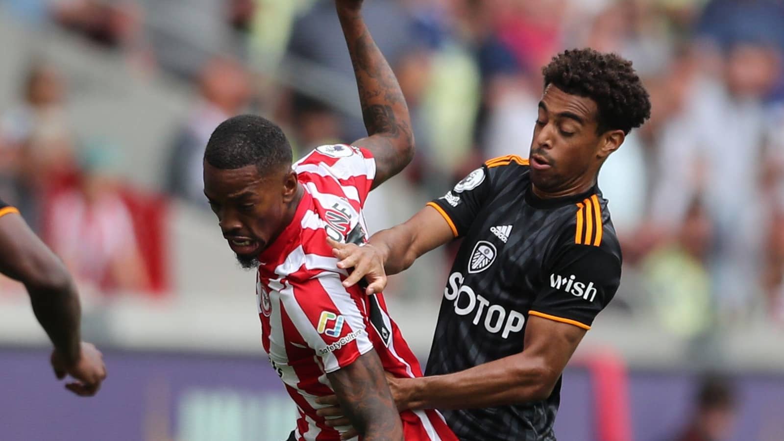 Ivan Toney battles Tyler Adams during Brentford vs Leeds Ivan Toney and Tyler Adams