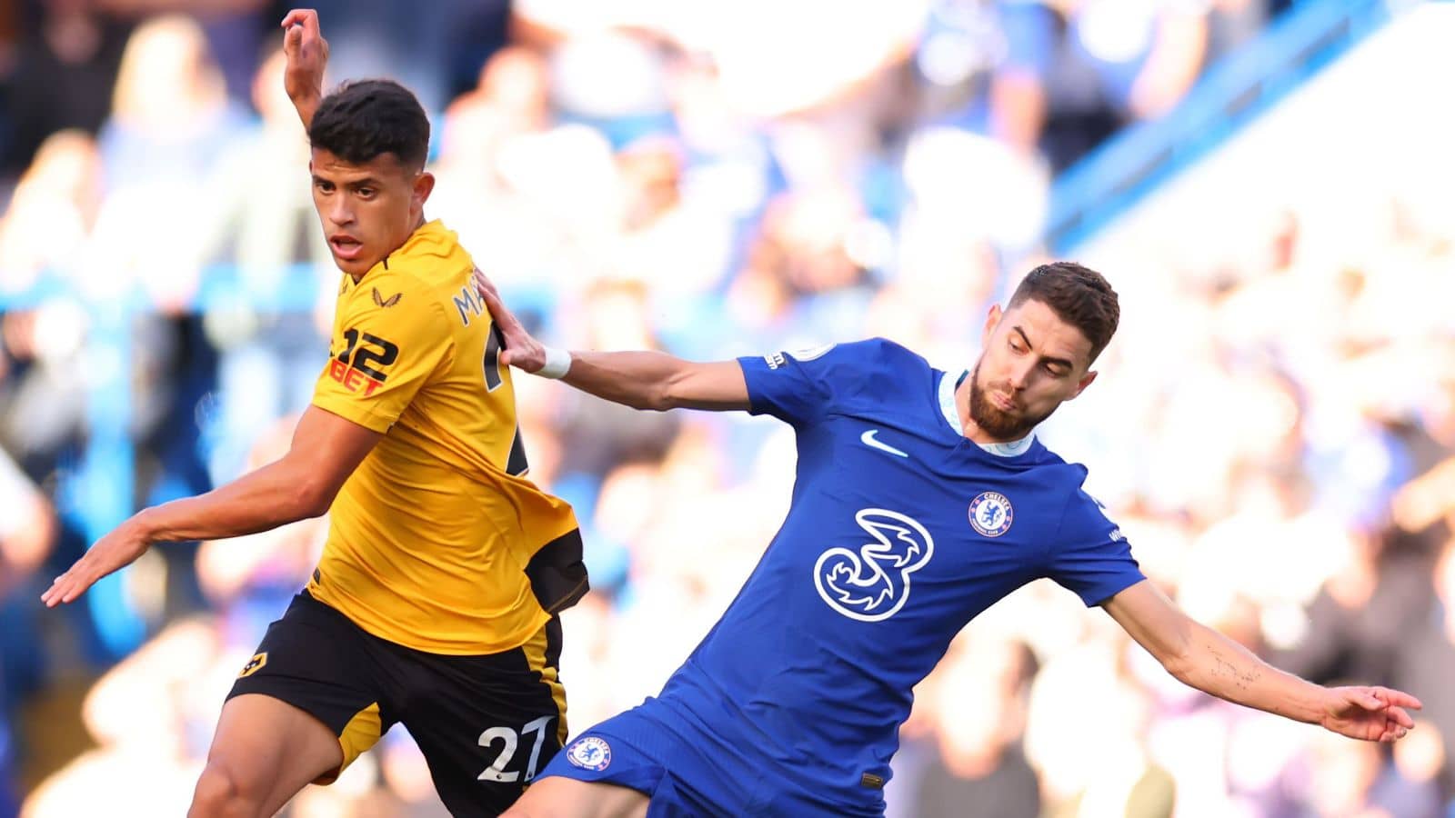 Matheus Nunes, Jorginho, Chelsea v Wolves in Premier League at Stamford Bridge