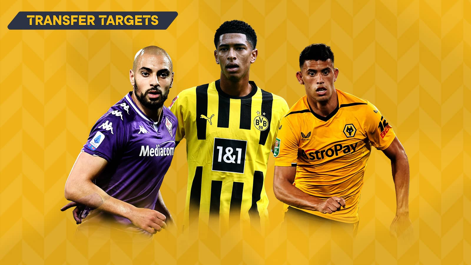 Liverpool transfer targets Sofyan Amrabat, Jude Bellingham and Matheus Nunes. TEAMtalk montage. Liverpool transfer targets Sofyan Amrabat, Jude Bellingham and Matheus Nunes. TEAMtalk montage.
