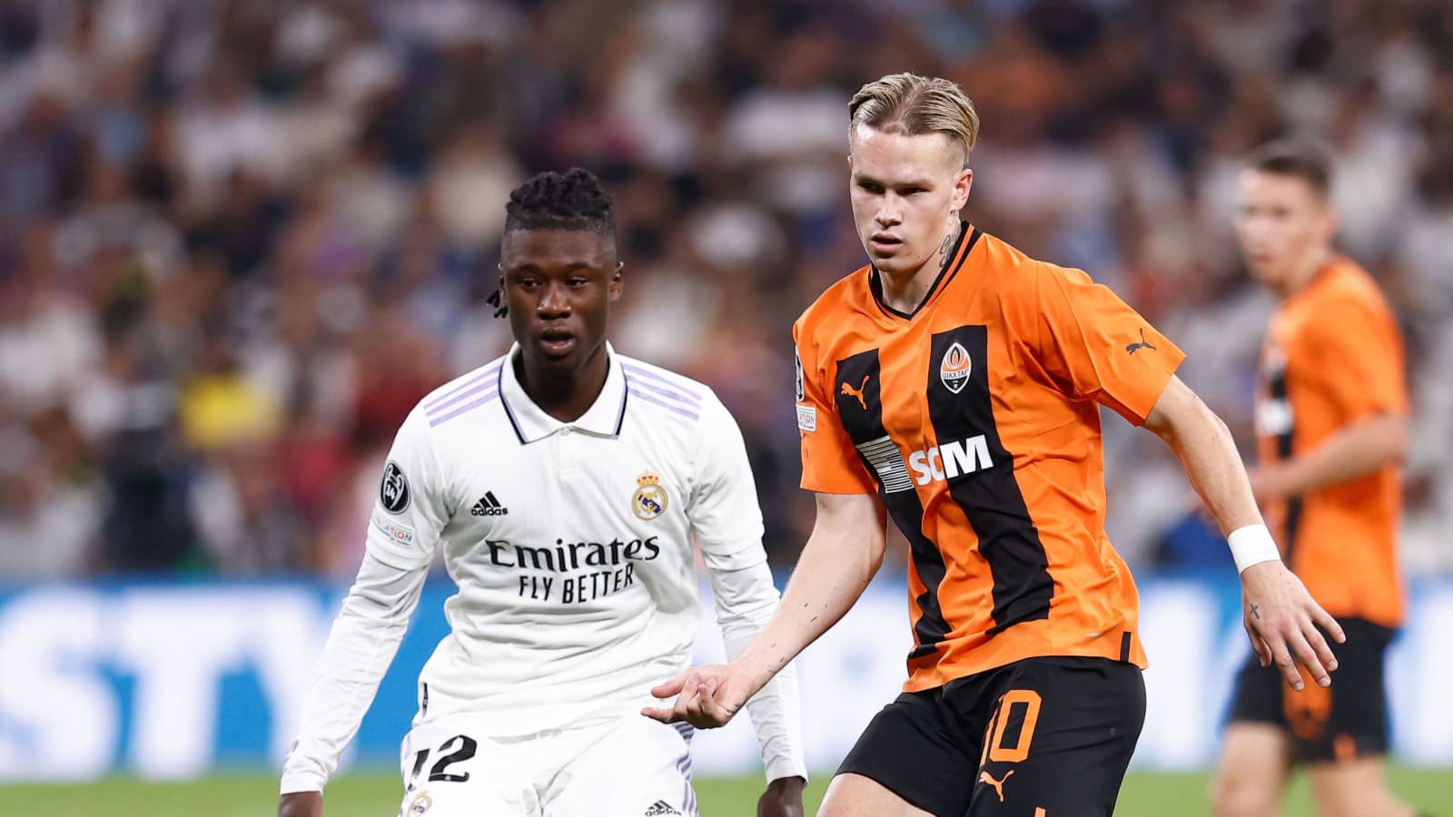 Real Madrid midfielder Eduardo Camavinga battling winger Mykhaylo Mudryk Real Madrid midfielder Eduardo Camavinga battling winger Mykhaylo Mudryk