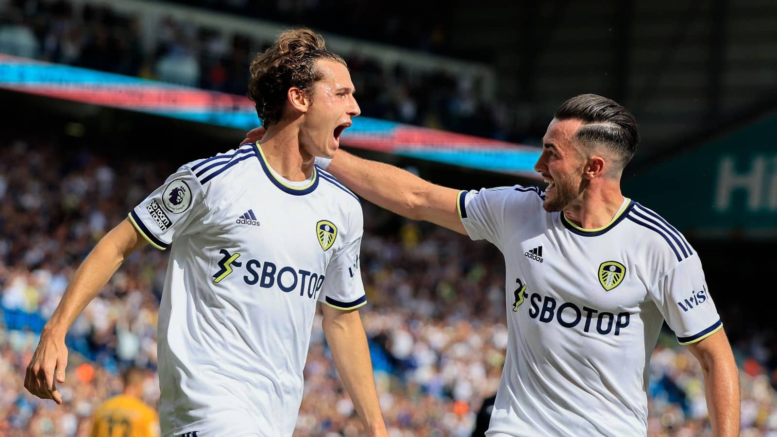 Brenden Aaronson and Jack Harrison celebrate Leeds goal Brenden Aaronson and Jack Harrison of Leeds