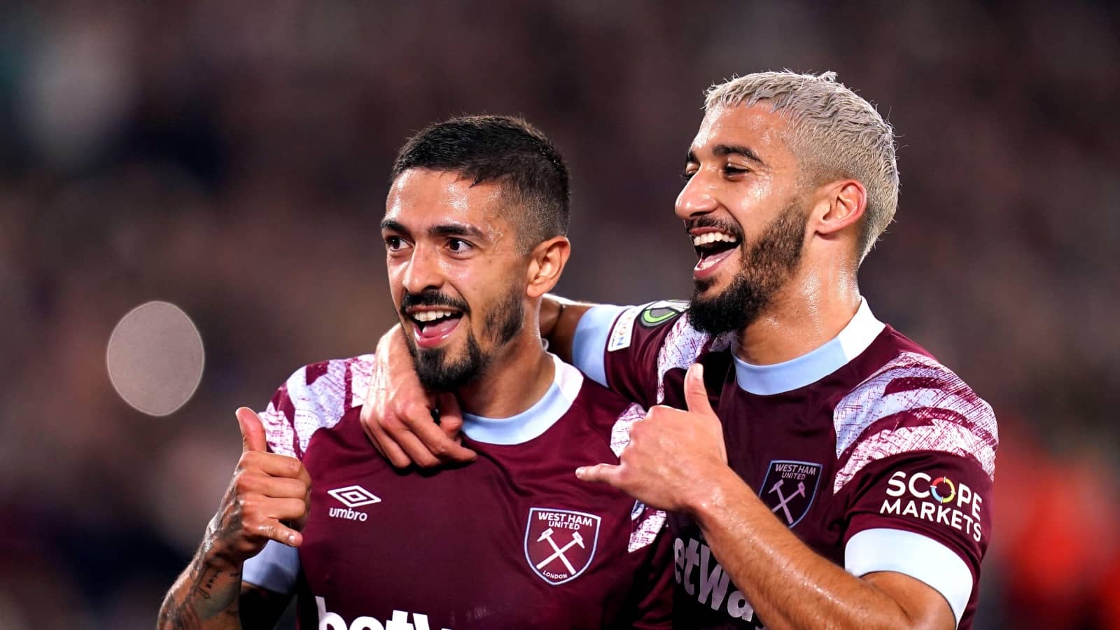 Manuel Lanzini and Said Benrahma celebrate West Ham goal