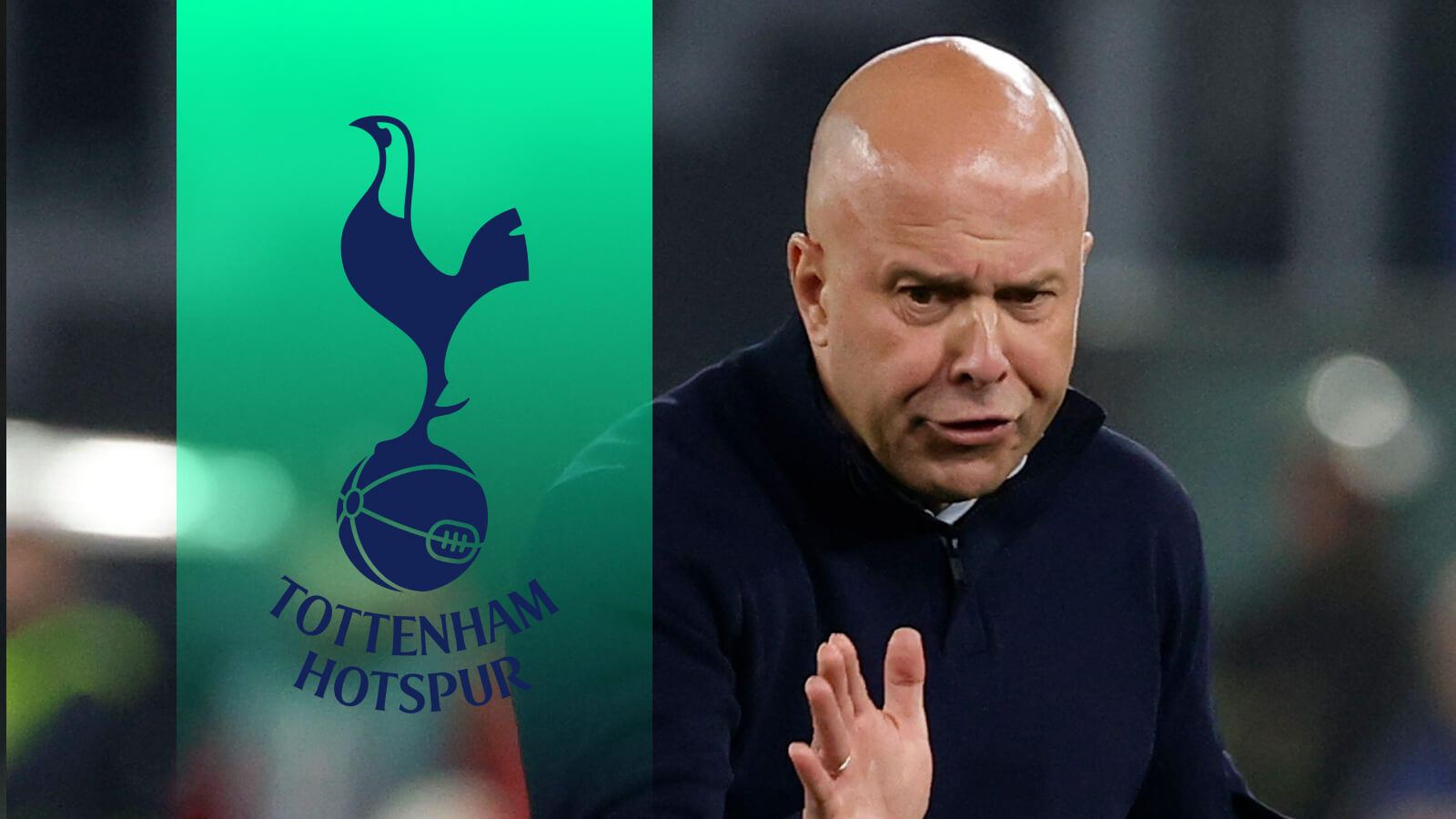 Arne Slot alongside a Tottenham badge