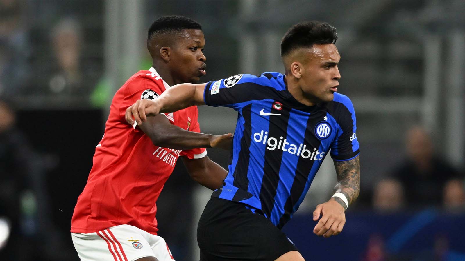 Lautaro Martinez (Inter)Florentino Luis (Benfica) during the UEFA "Champions League 2022 2023" match between Inter 3-3 Benfica at Giuseppe Meazza Stadium on April 19, 2023 in Milan, Italy