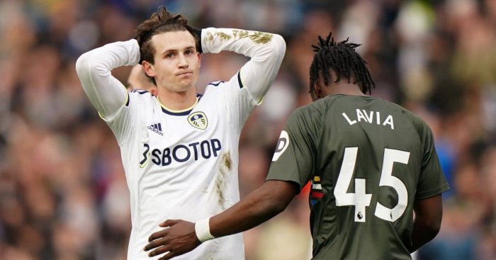 Leeds United's Brenden Aaronson rues a missed chance during the Premier League match against Southampton at Elland Road
