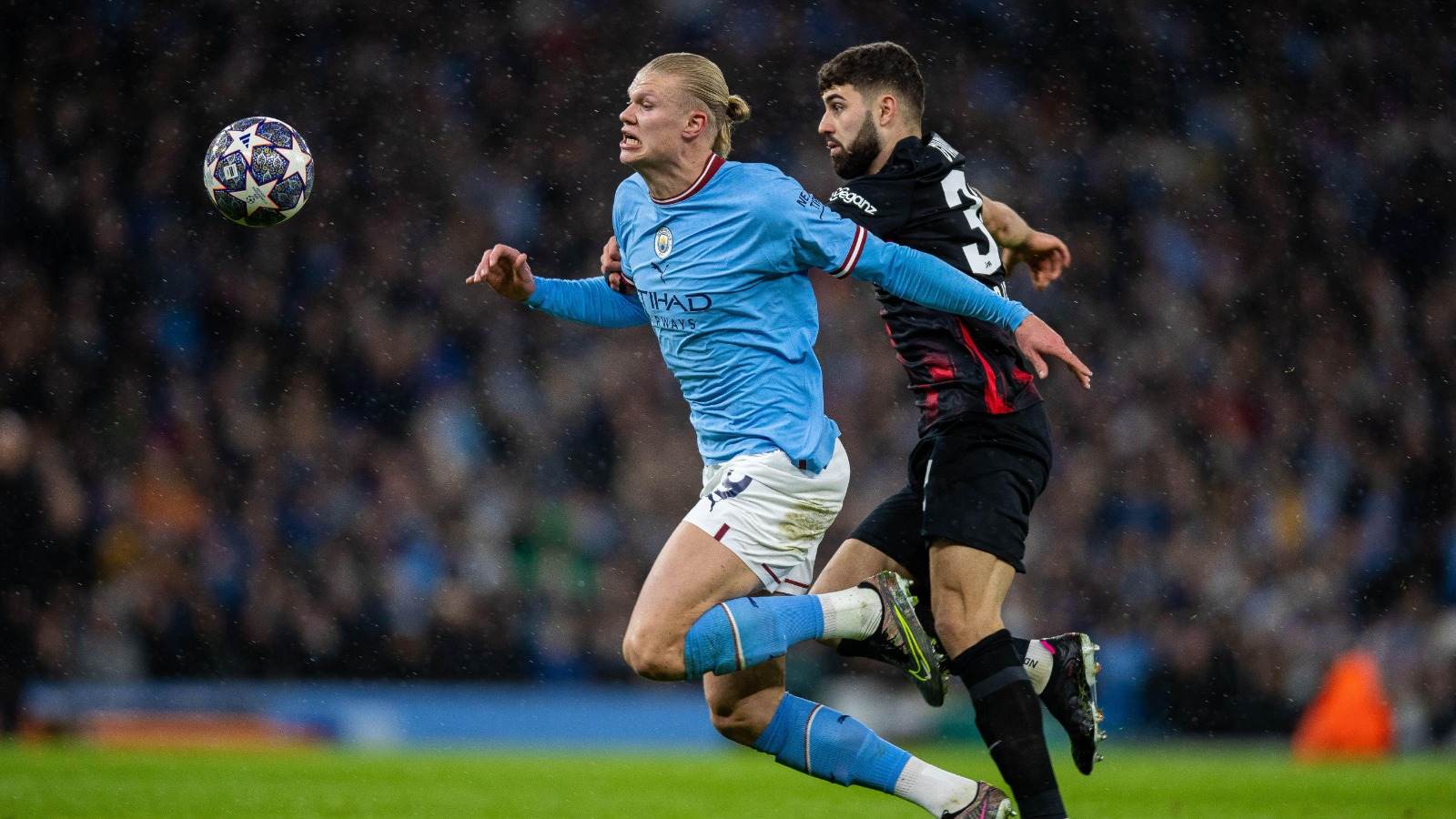 Haaland challenged by RB Leipzig's Josko Gvardiol