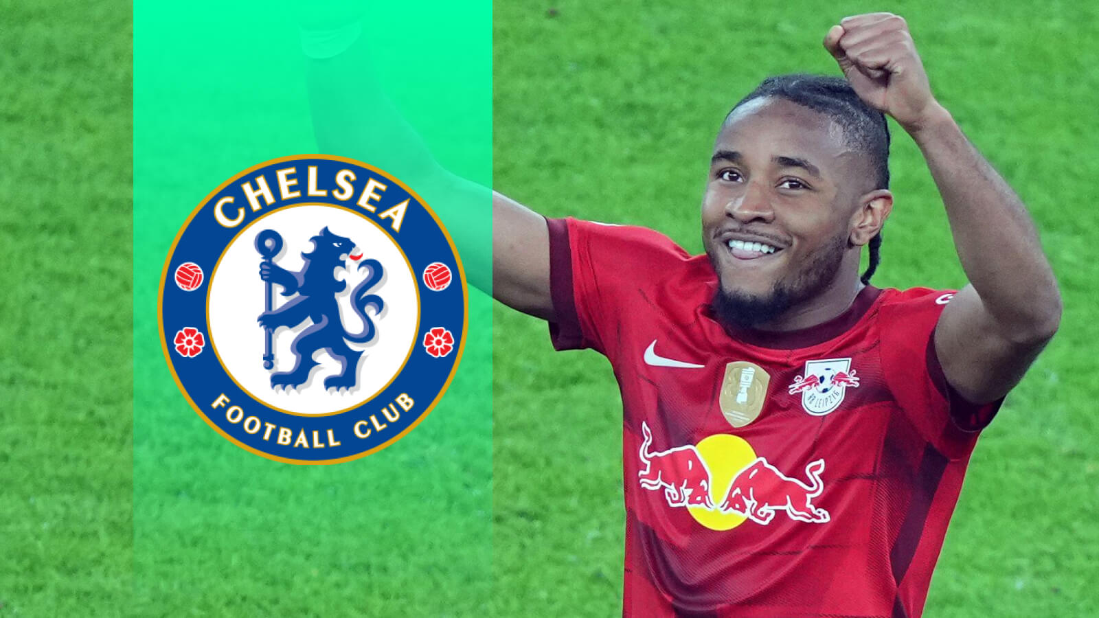 Christopher Nkunku next to a Chelsea badge
