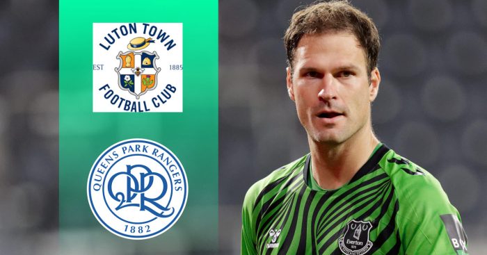 Everton goalkeeper Asmir Begovic and Luton Town, QPR badges