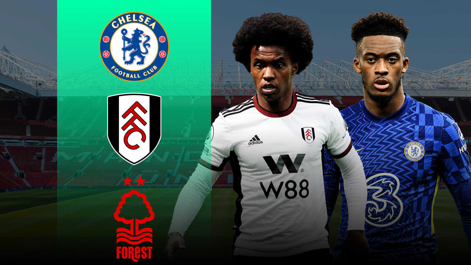 Winges Willian, Callum Hudson-Odoi and Chelsea, Fulham, Nottingham Forest badges