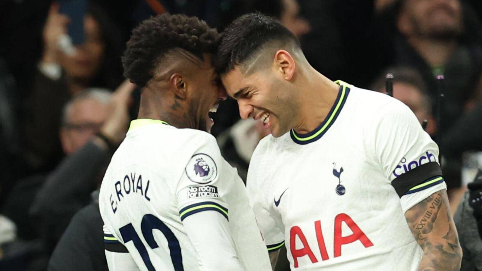 Emerson Royal and Cristian Romero celebrating