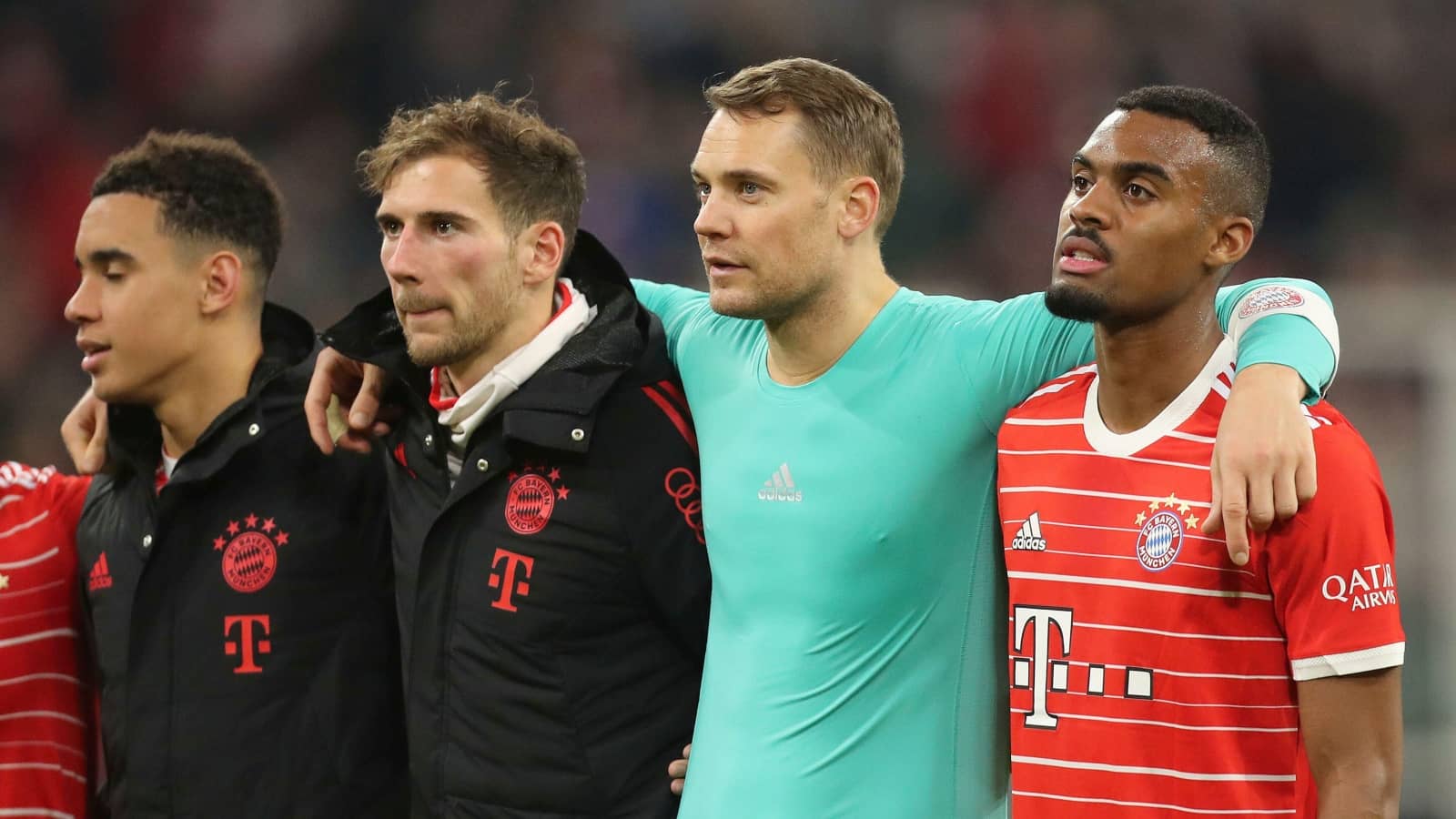 Jamal Musiala, Leon Goretzka, Manuel Neuer and Ryan Gravenberch of Bayern