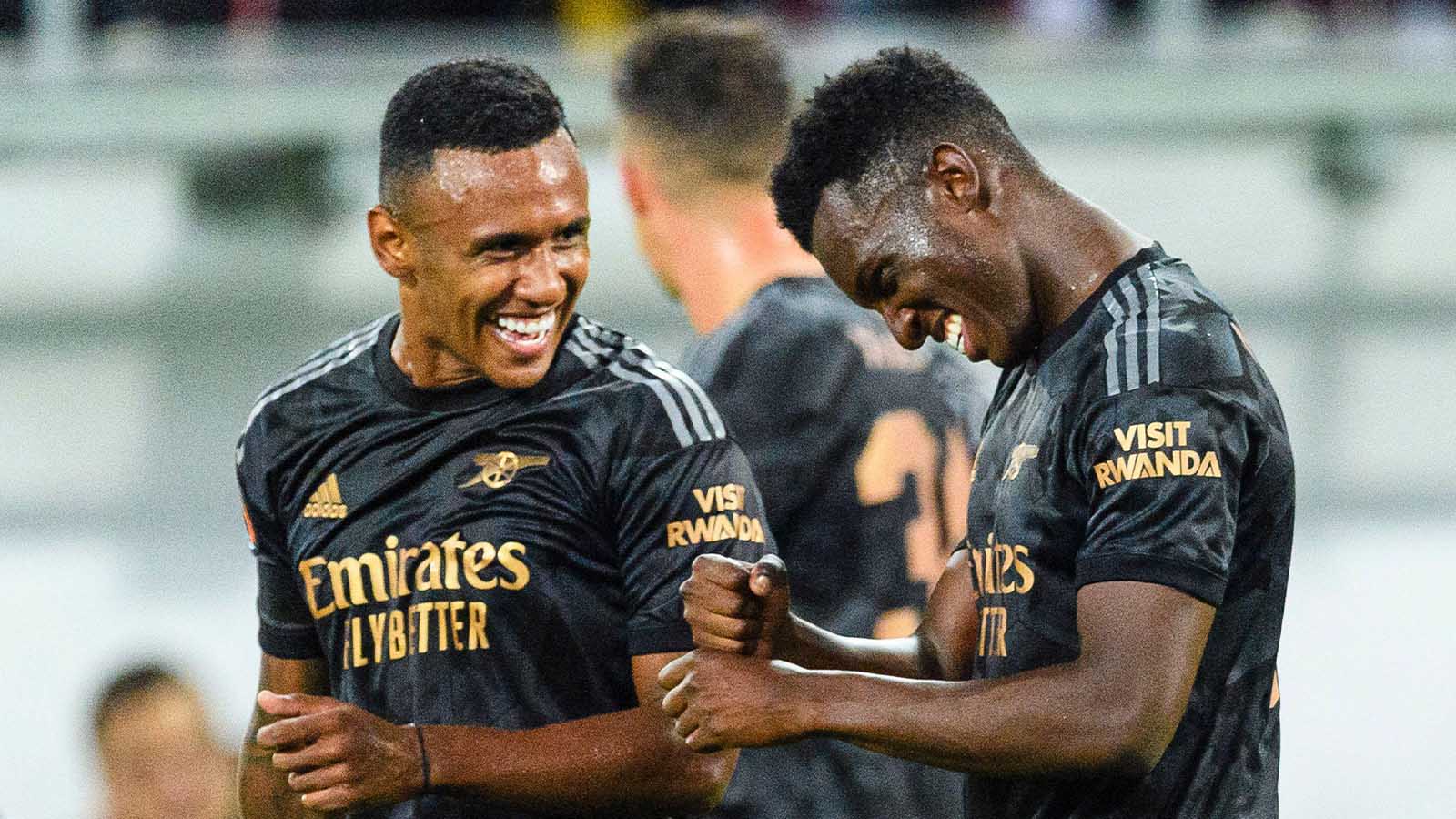 Eddie Nketiah of Arsenal celebrating his goal with Marquinhos