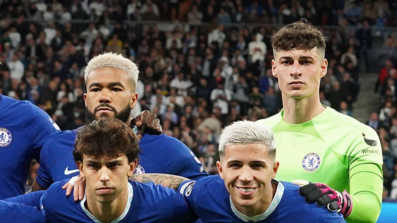Reece James, Joao Felix, Kepa Arrizabalaga and Enzo Fernandez of Chelsea