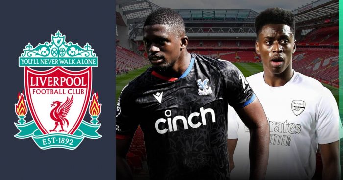 Cheick Doucoure and Albert Sambi Lokonga next to the Liverpool badge
