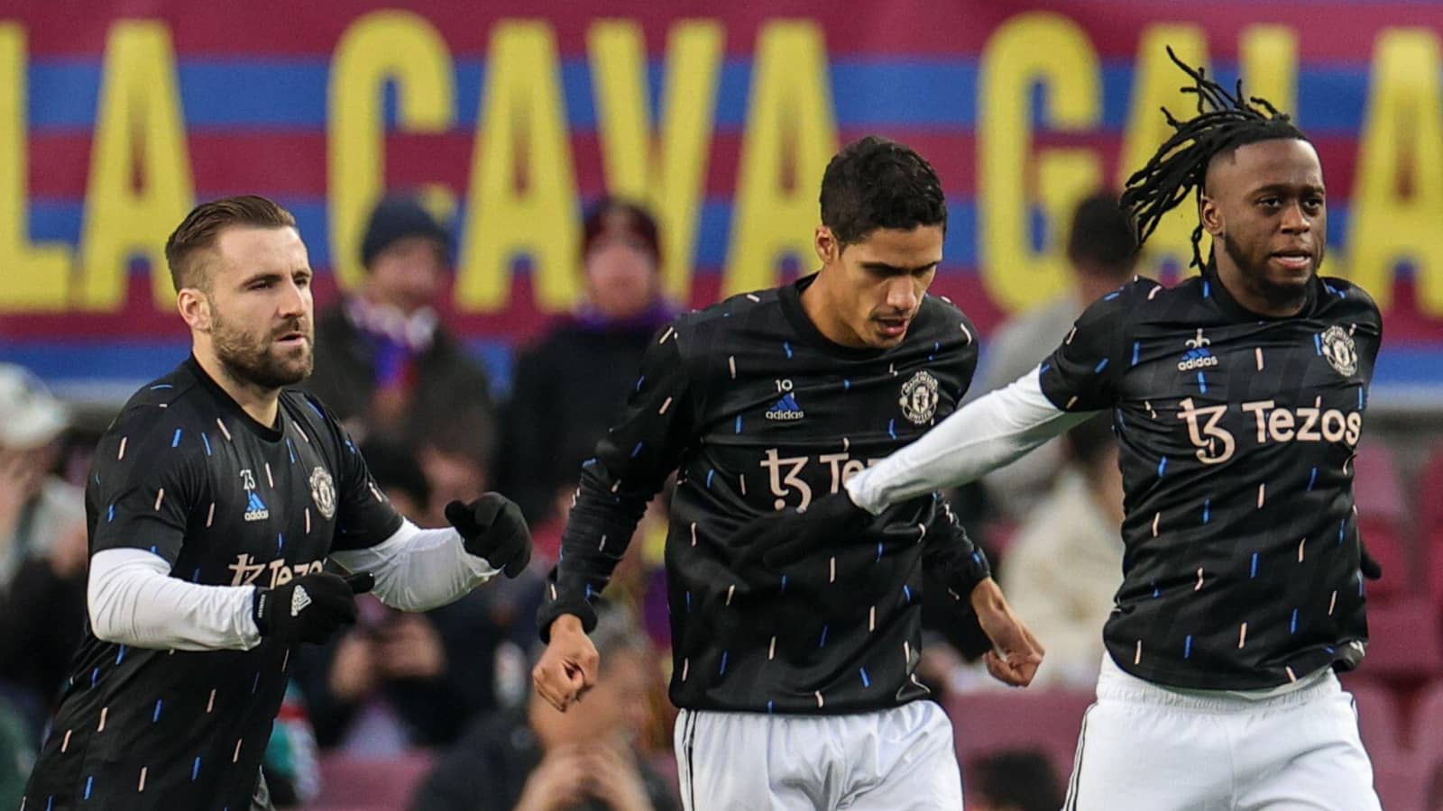 Luke Shaw, Raphael Varane and Aaron Wan-Bissaka, Man Utd