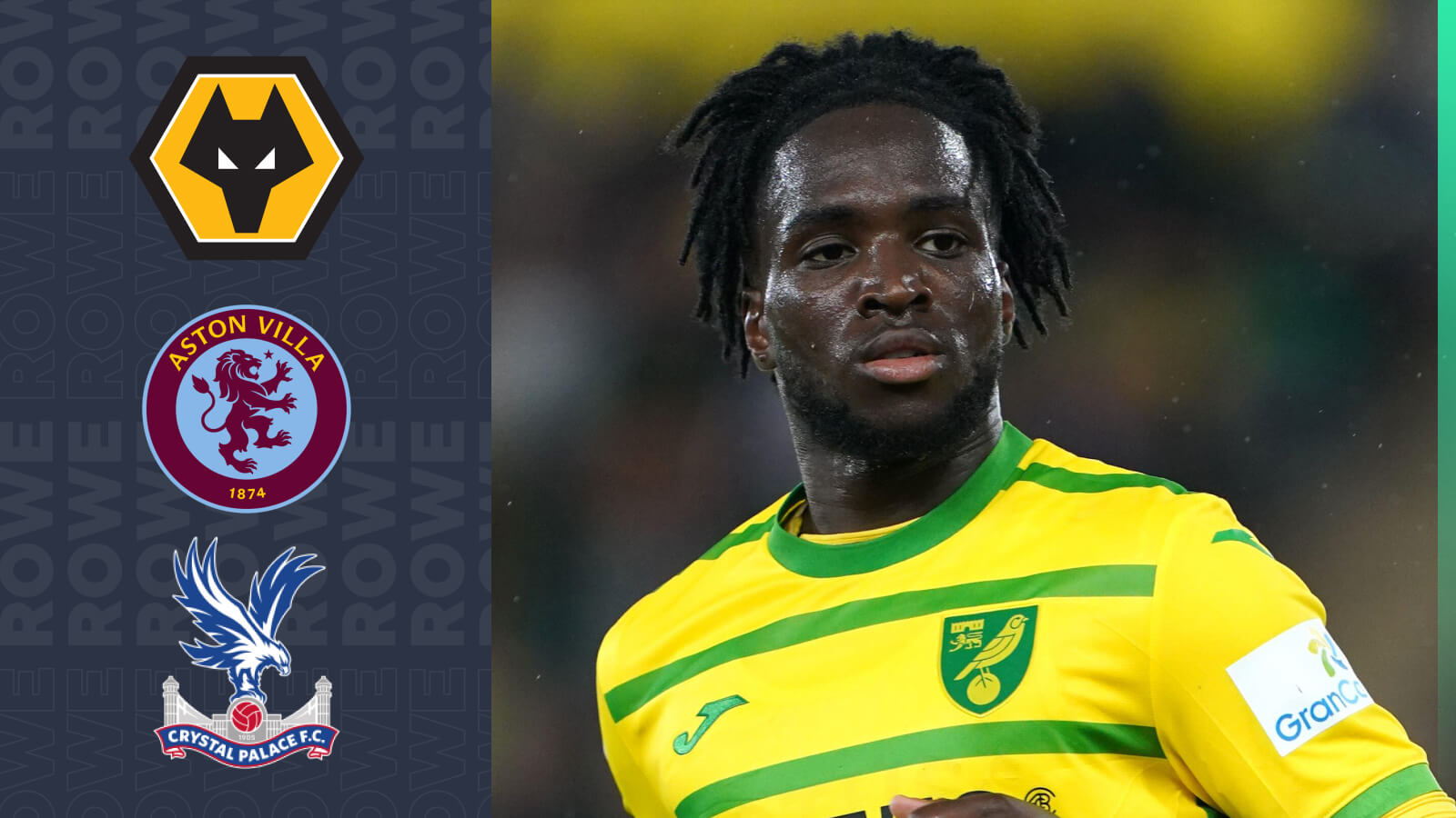 Norwich star Jonathan Rowe with Wolves, Aston Villa and Crystal Palace badges