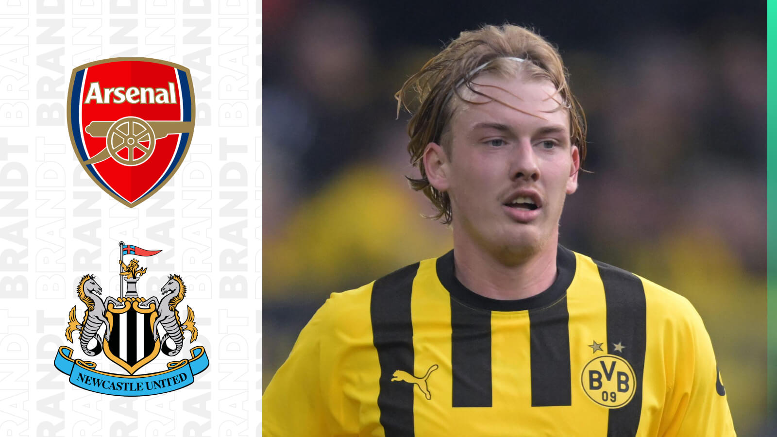 Julian Brandt next to the Arsenal and Newcastle badges