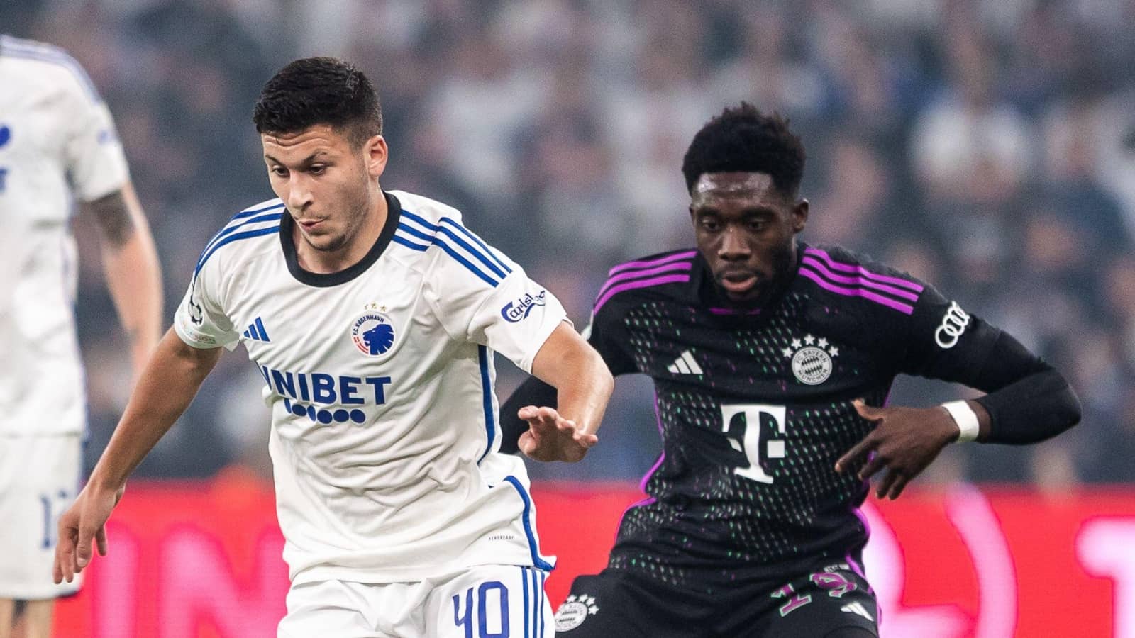Copenhagen attacker Roony Bardghji and Bayern defender Alphonso Davies