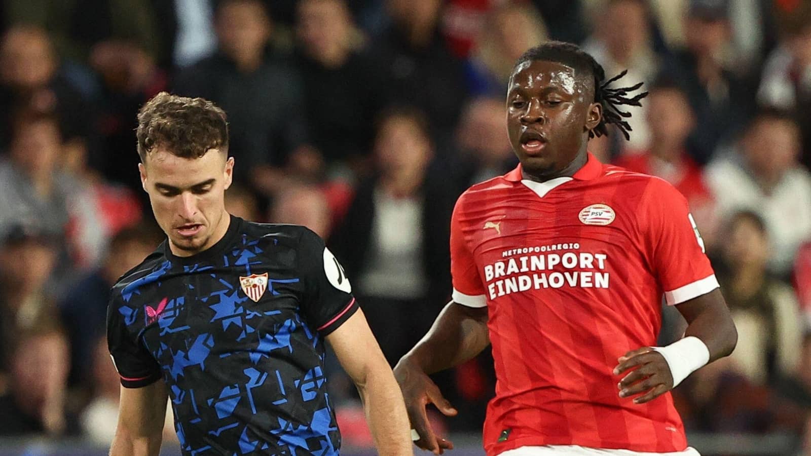 Sevilla defender Adria Pedrosa, PSV winger Johan Bakayoko