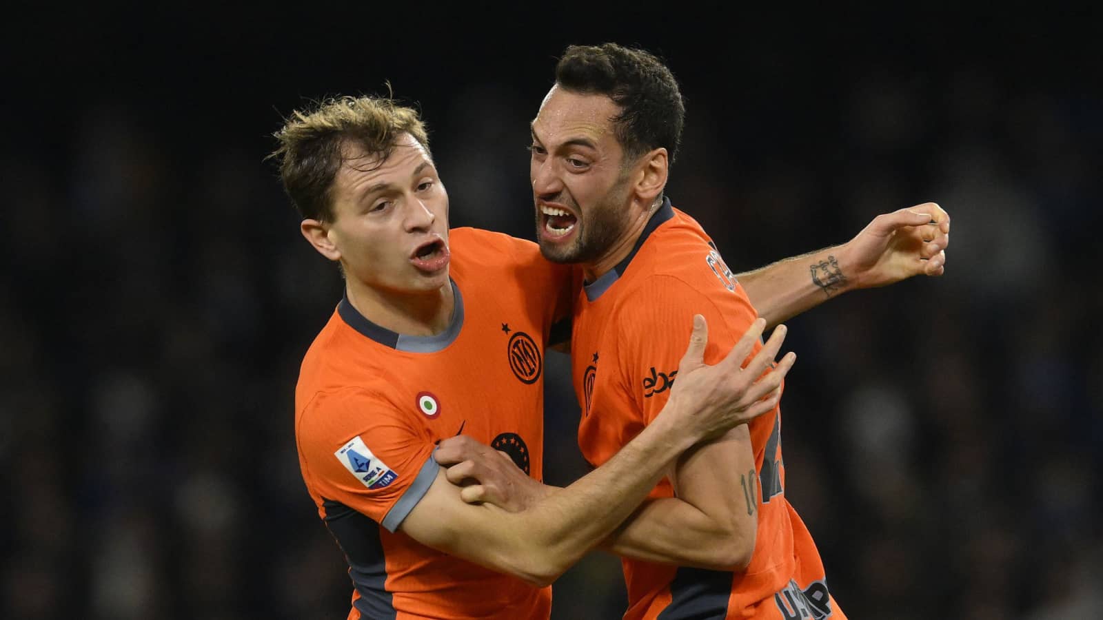 Inter Milan midfielders Nicolo Barella and Hakan Calhanoglu