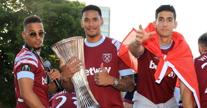 Thilo Kehrer, Alphonse Areola and Nayef Aguerd at West Ham trophy parade