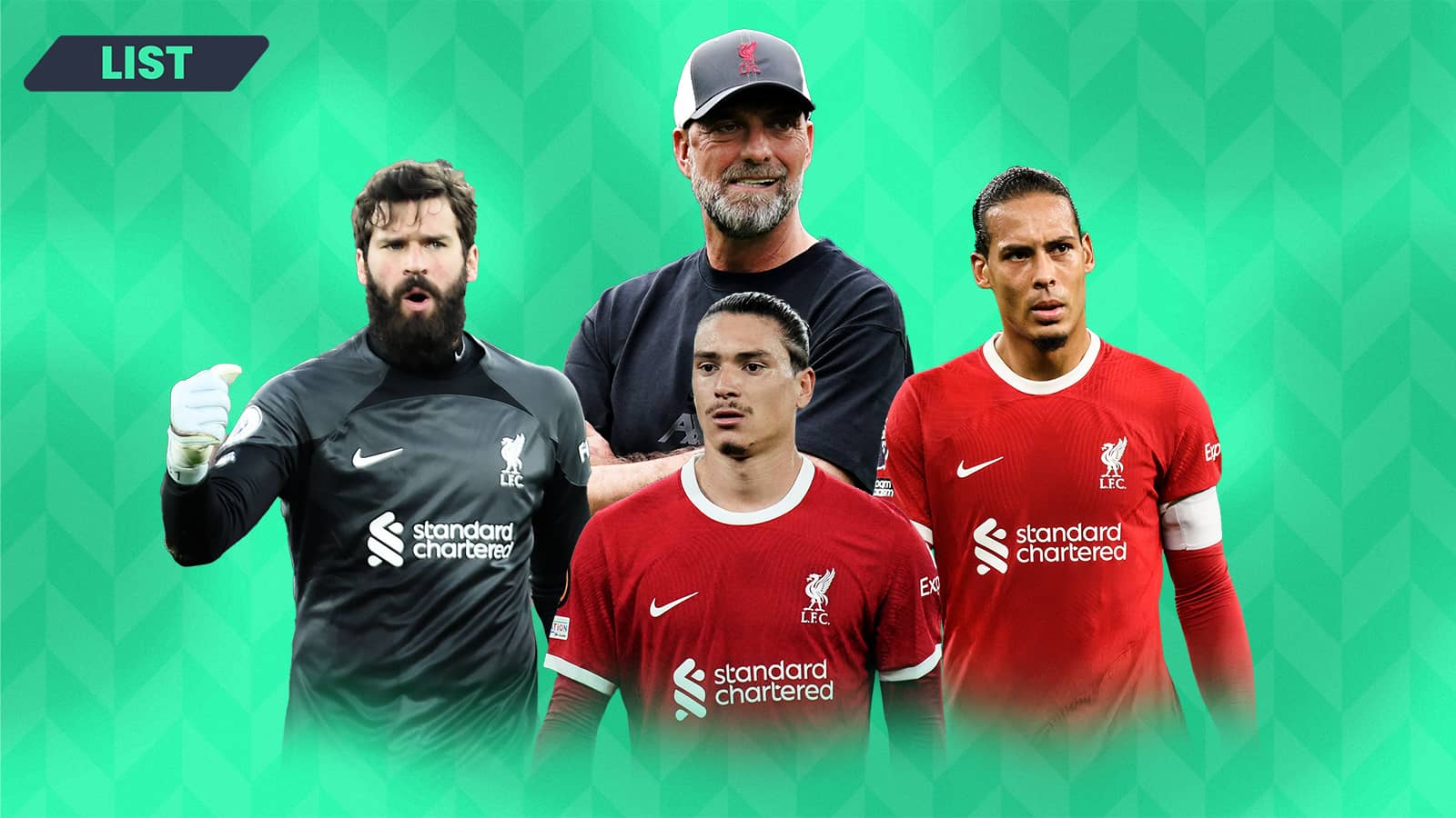 Jurgen Klopp, Alisson Becker, Darwin Nunez and Virgil van Dijk