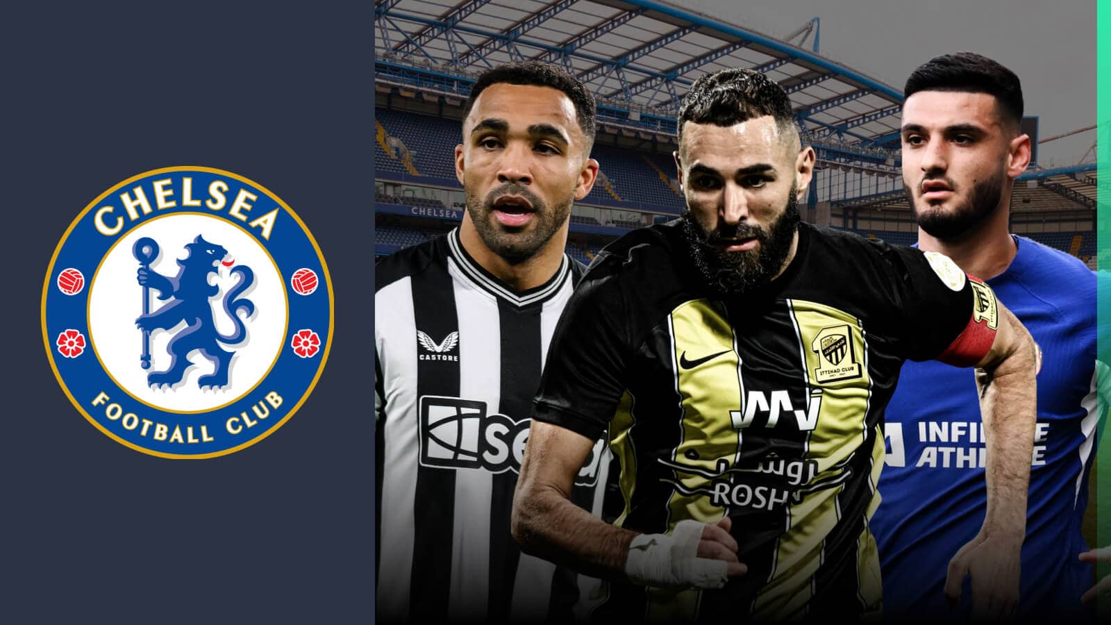Callum Wilson, Karim Benzema and Armando Broja next to the Chelsea badge