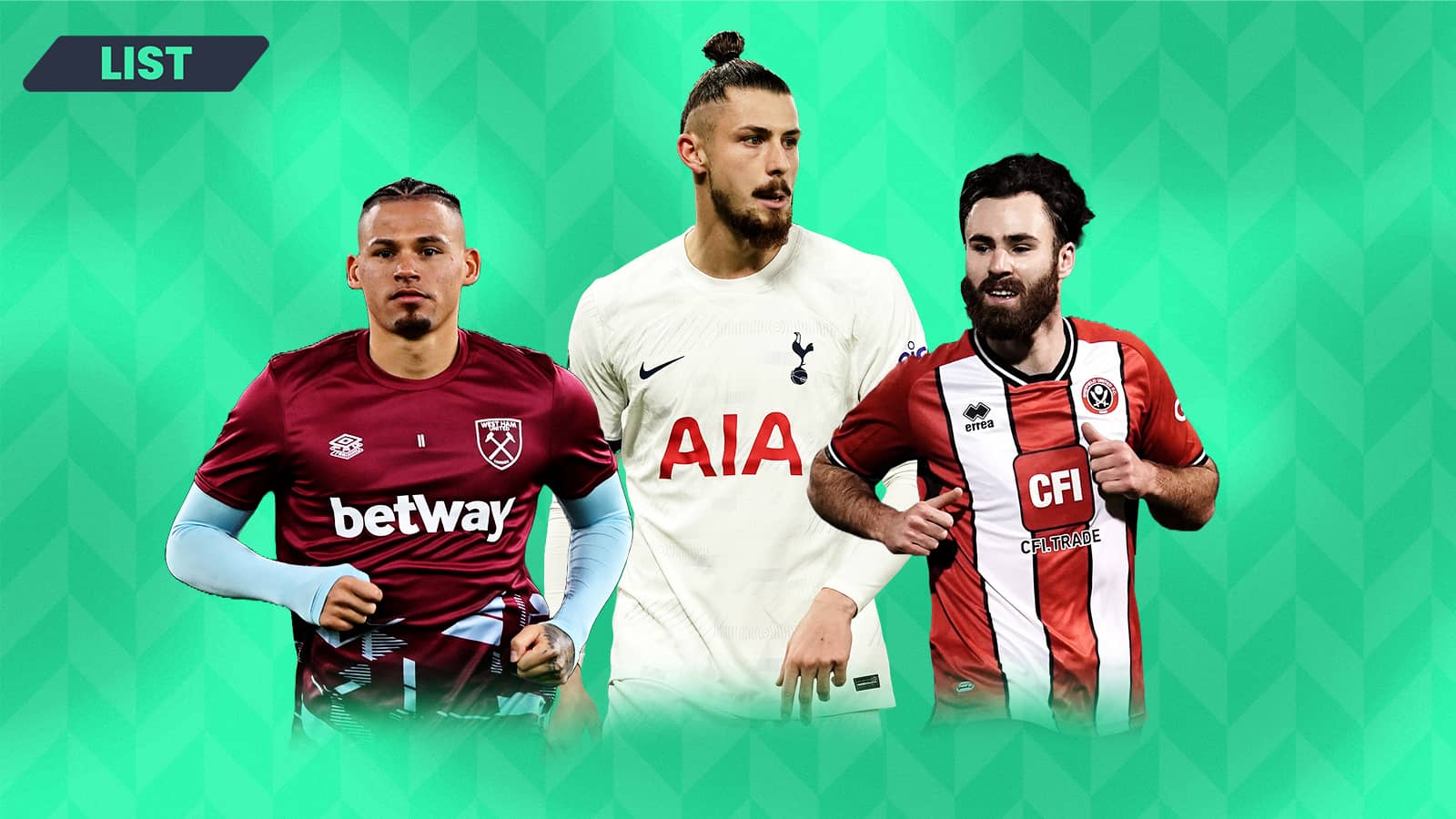 Kalvin Phillips at West Ham, Radu Dragusin at Tottenham and Ben Brereton Diaz at Sheffield United.