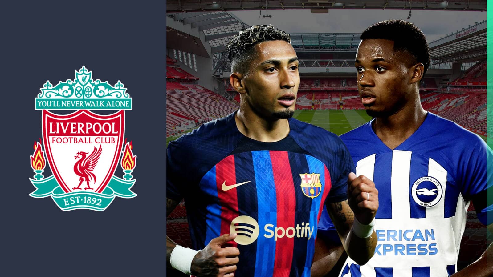 Raphinha and Ansu Fati next to the Barcelona badge