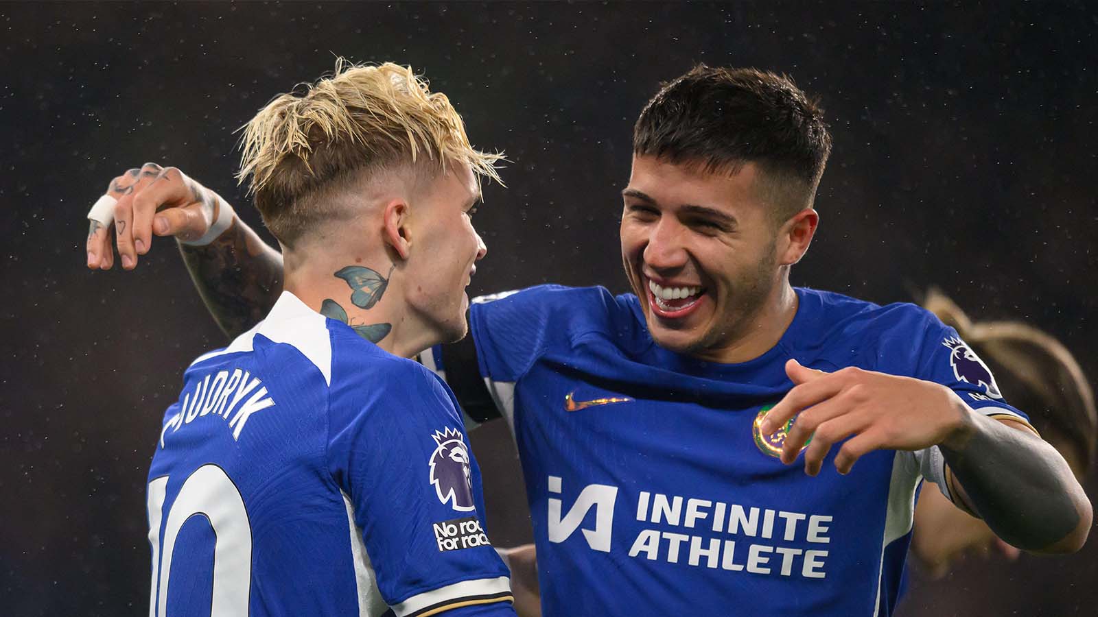 Chelsea's Mykhailo Mudryk celebrates with Enzo Fernandez