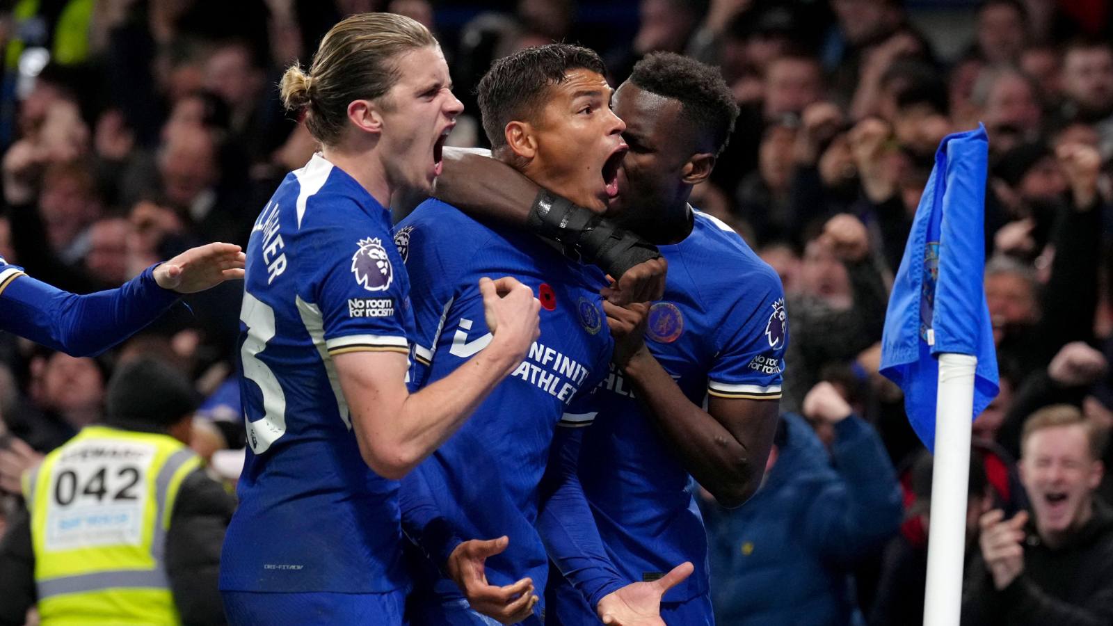 Chelsea trio Conor Gallagher, Thiago Silva and Nicolas Jackson celebrate a goal