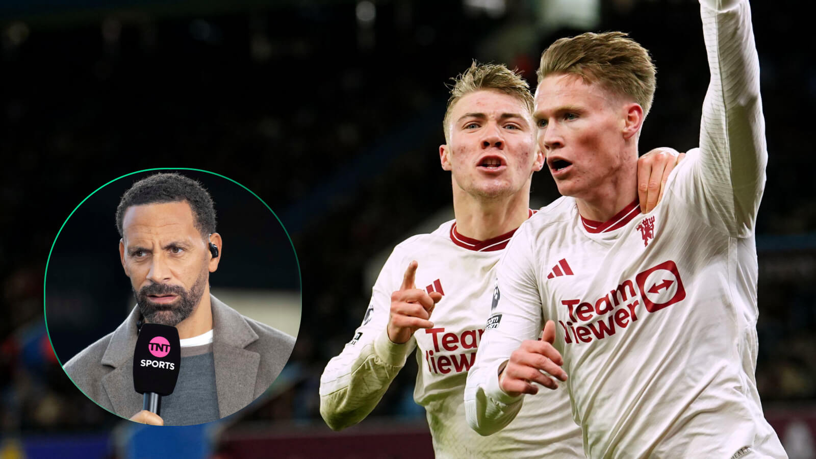 Scott McTominay celebrates his winner against Aston Villa with Rio Ferdinand in a small circle.